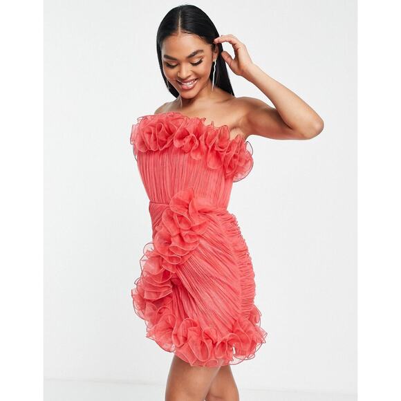 ASOS Design Red Bodycon Ruffle Mesh Bandeau Neck Strapless Mini Dress 4 - Picture 1 of 13